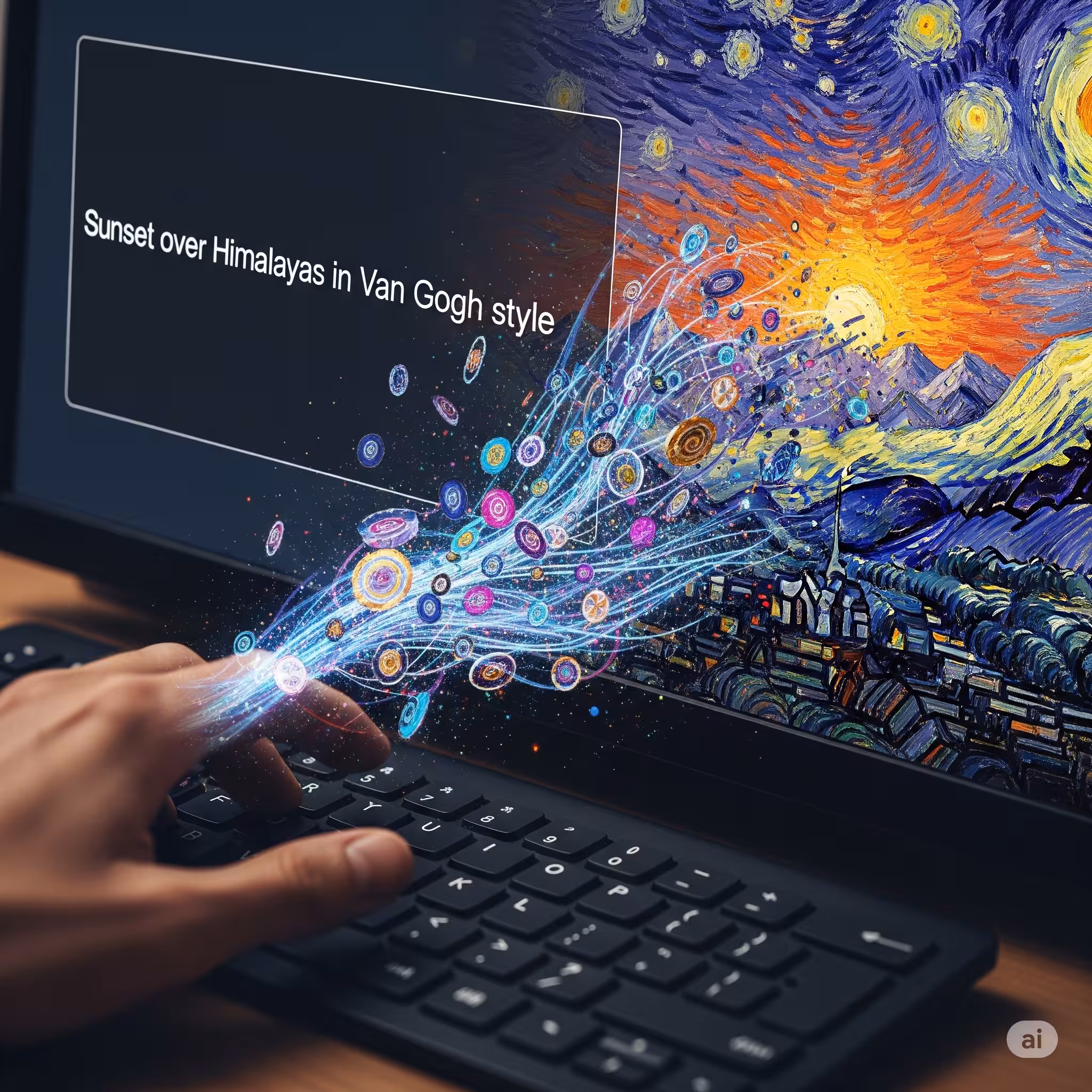 Conceptual image of a hand typing a prompt into an AI, which transforms the text into a Van Gogh-style painting of a Himalayan sunset, illustrating the AI art generation process