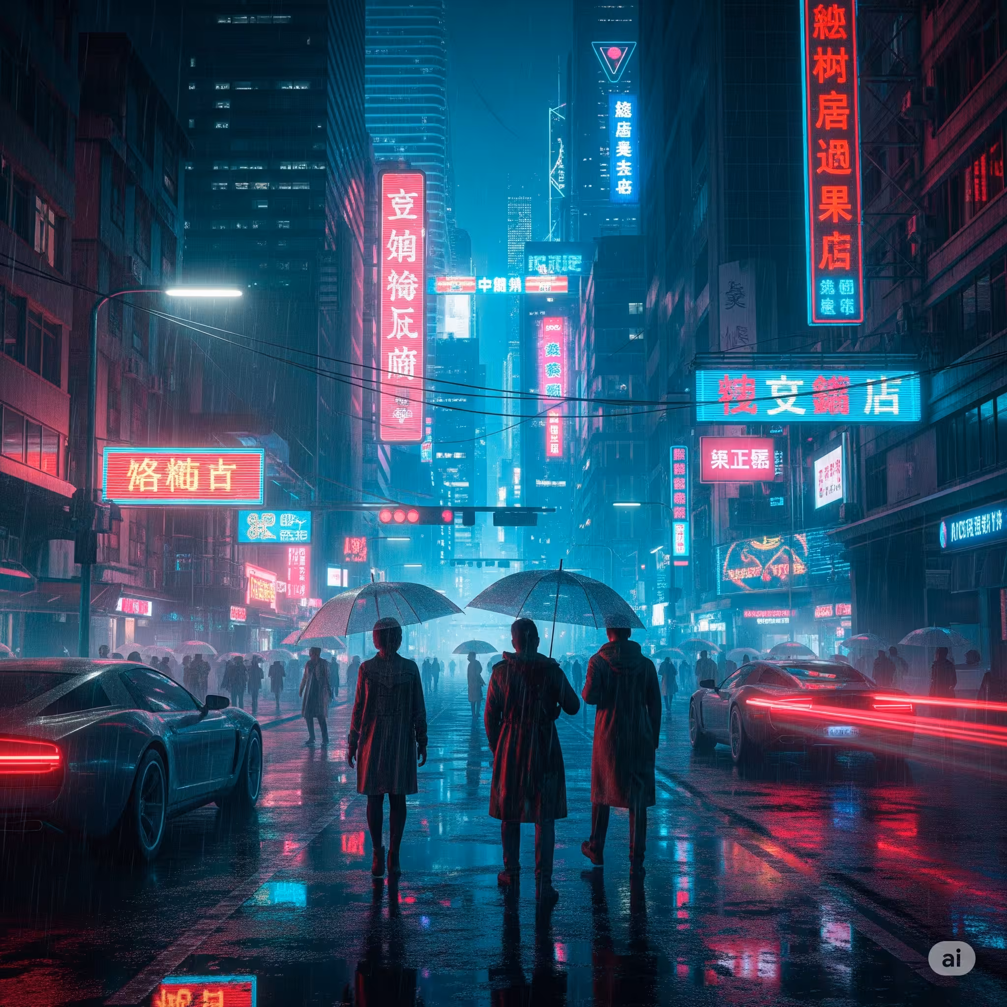 A rain-soaked cyberpunk city street at night, glowing neon signs, reflective pavement, ultra-detailed, cinematic lighting