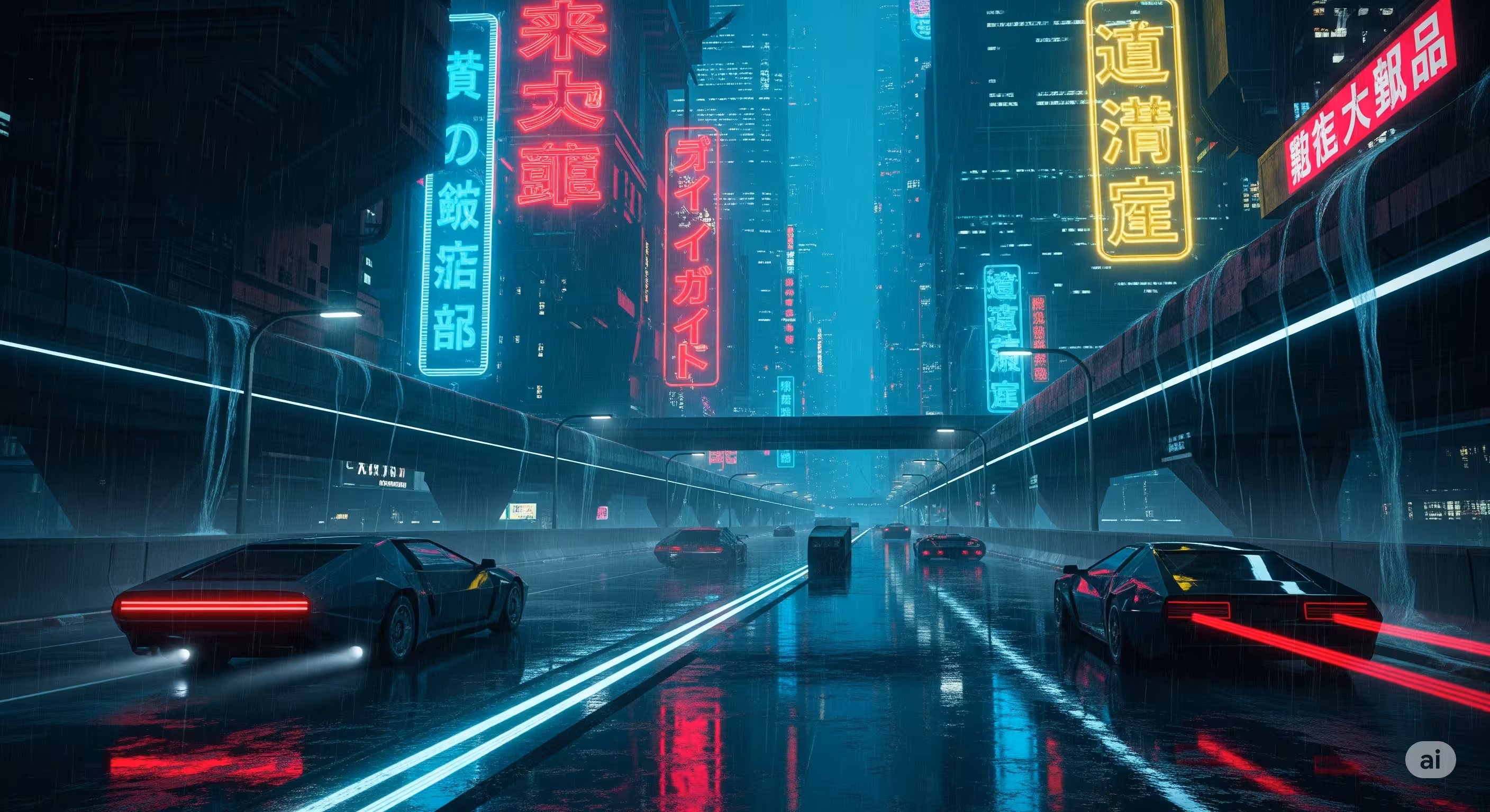 A rain-soaked cyberpunk city street at night, glowing neon kanji signs, reflective pavement, shot from a low angle, in the style of Syd Mead, ultra-detailed, 16:9