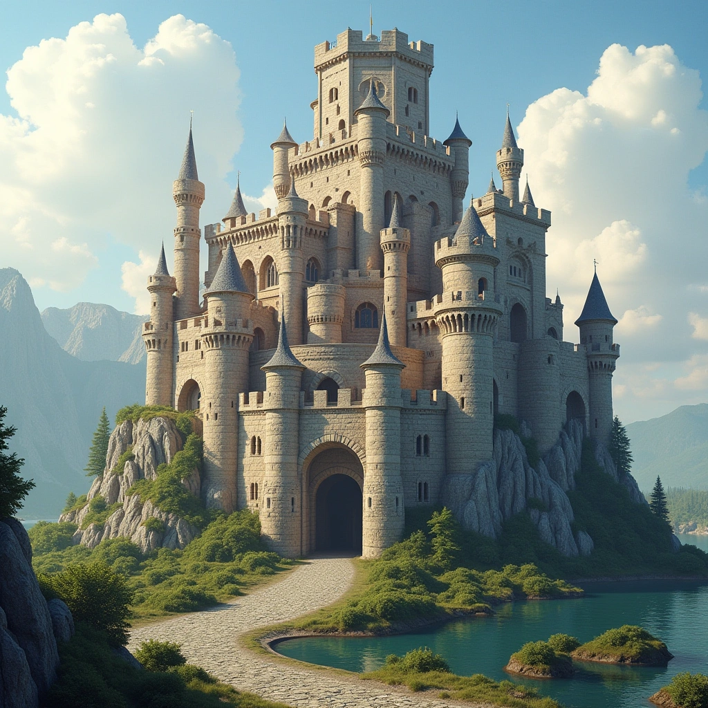 A photorealistic fantasy castle generated by Flux AI, set in a realistic landscape with natural lighting and highly detailed, believable architecture.