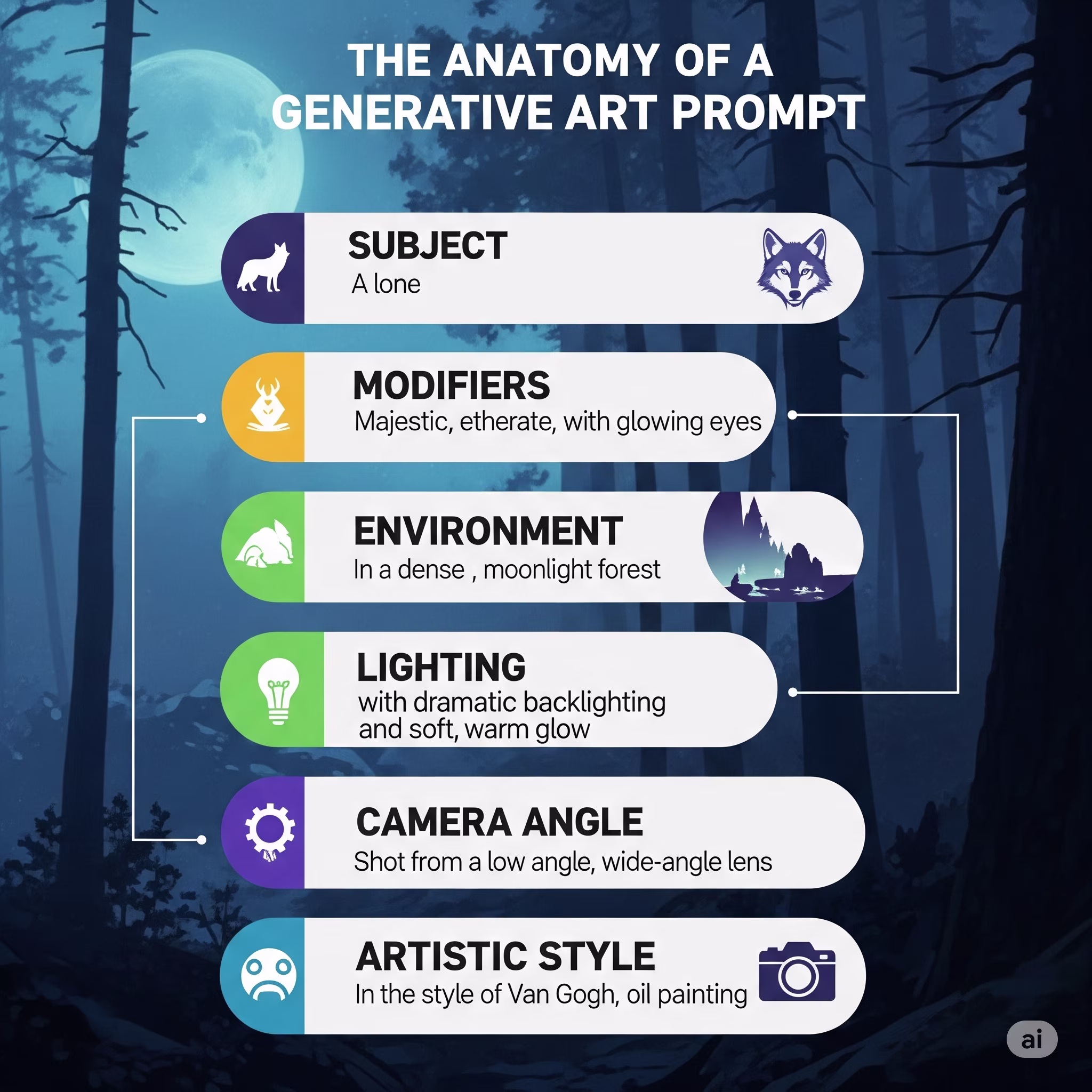 Infographic showing the building blocks of a strong generative art prompt.